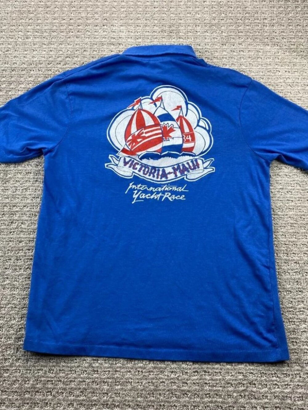 Hanes Blue Short-Sleeve Polo with Red & White Yacht Graphic